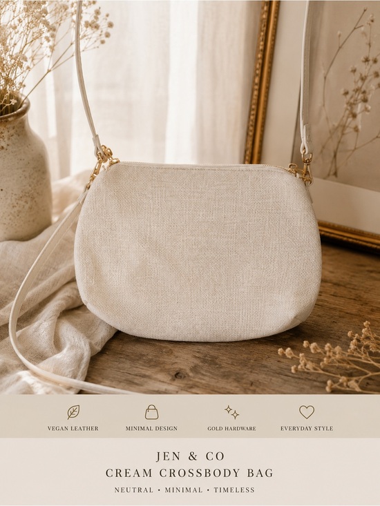 Jen & Co Handbags - Jen & Co Cream Crossbody Bag Neutral Minimal Vegan Leather Strap Gold Hardware